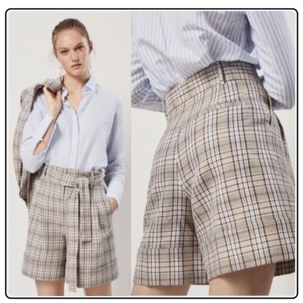 Massimo Dutti Beige Plaid High-Waisted Shorts